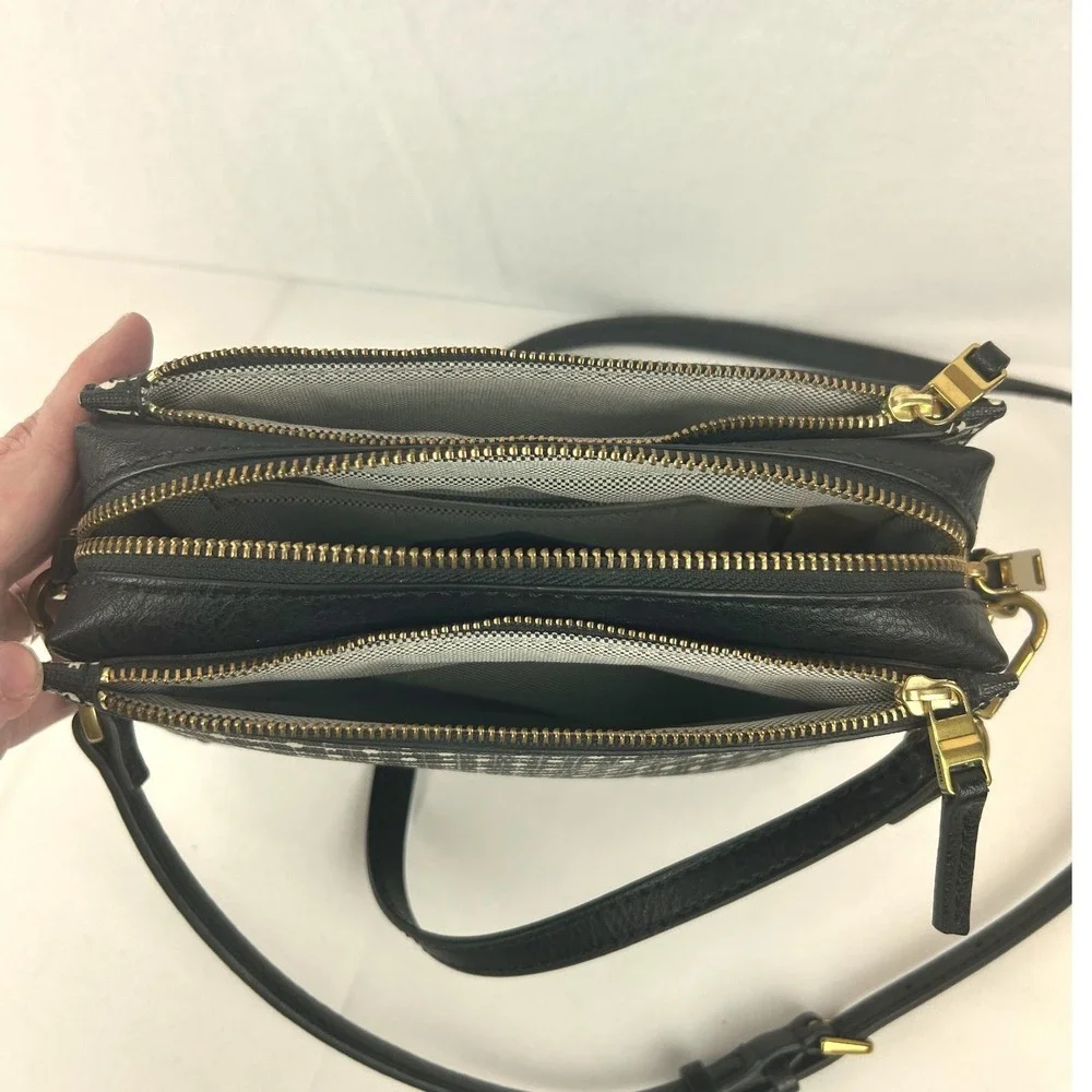 Fossil Black White Key Print Triple Zip Crossbody Bag Brass‎ Hardware